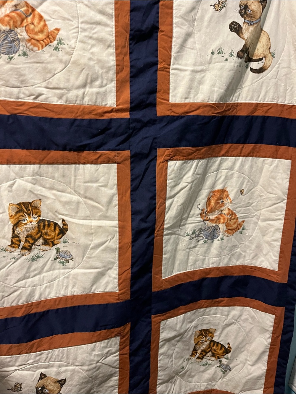 Cat Print Patchwork Quilt in White, Navy and Rust by